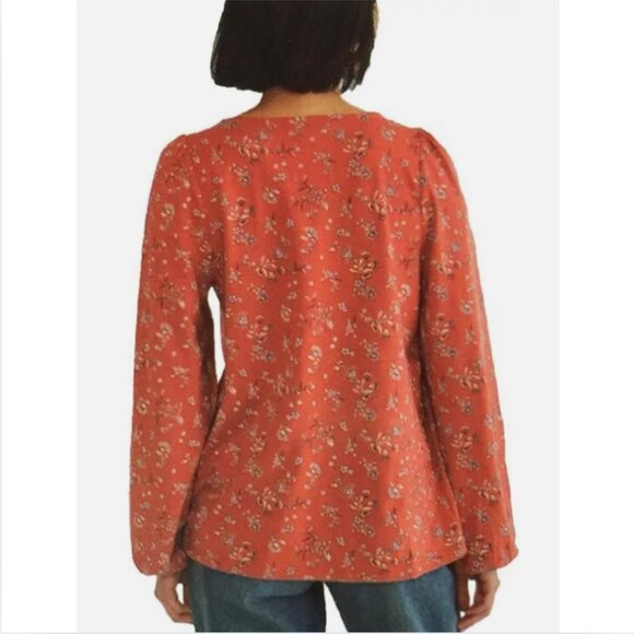 Lucky Brand Peasant Top Square Neck Long Sleeve Orange Floral XL - Picture 2 of 7